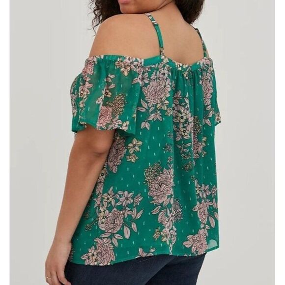 Torrid Womens Plus Size 2 Cold Shoulder Halter Top Crinkle Chiffon Floral Green - Picture 4 of 7